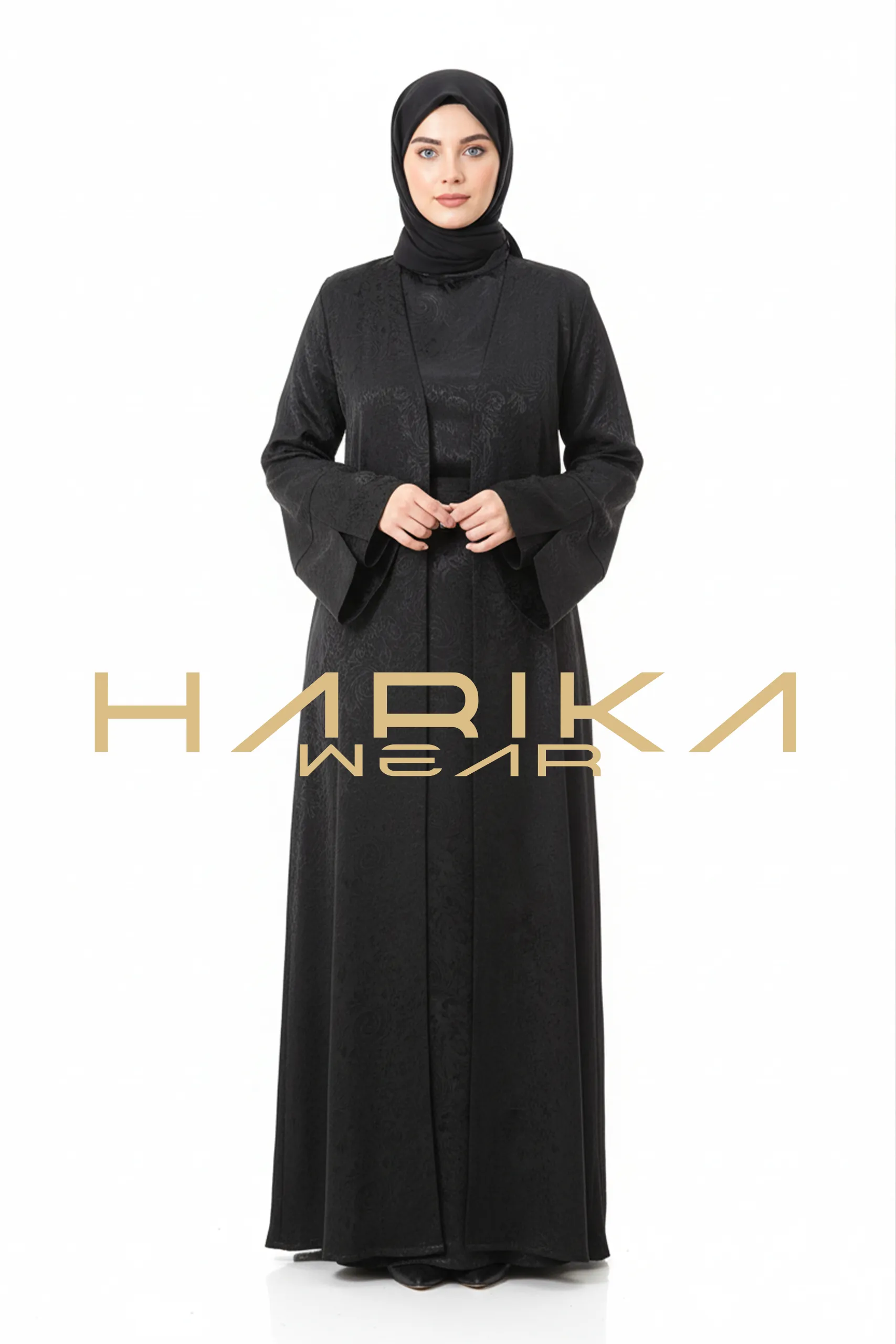 Japon İpeği Desenli Siyah Abaya – Lüks ve Zamansız Zarafet