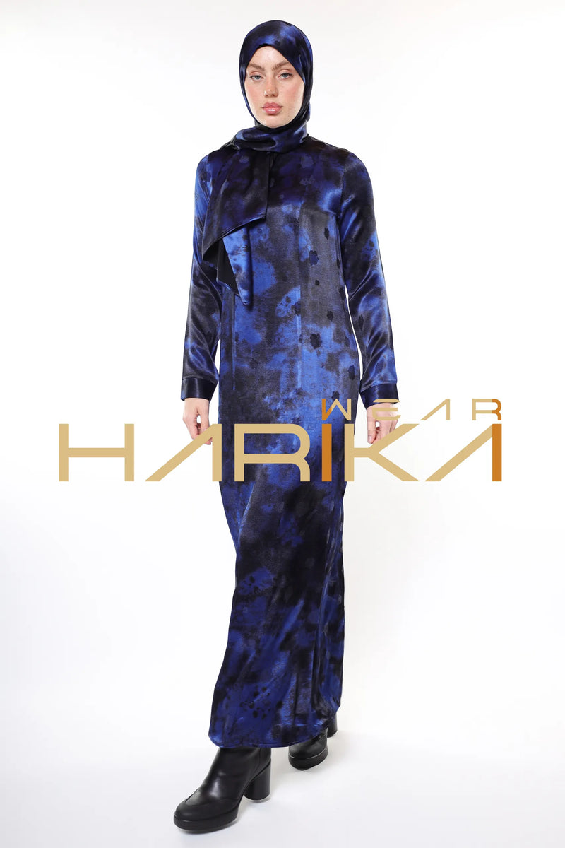 Mavi ve Siyah Modern, Şık Detaylı Lüks Elbise