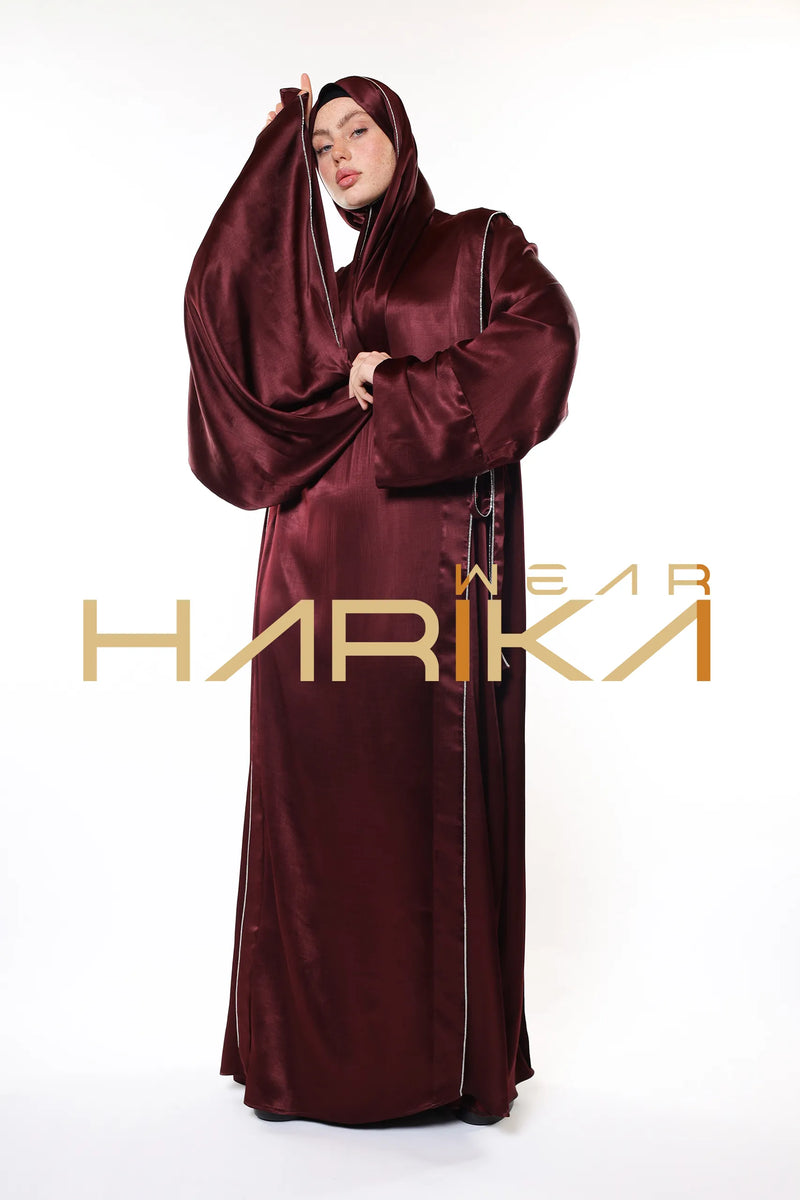 Lüks Bordo Tesettür Elbise – Parlak Kumaş ve Şık Tasarım (Şal Hediye)