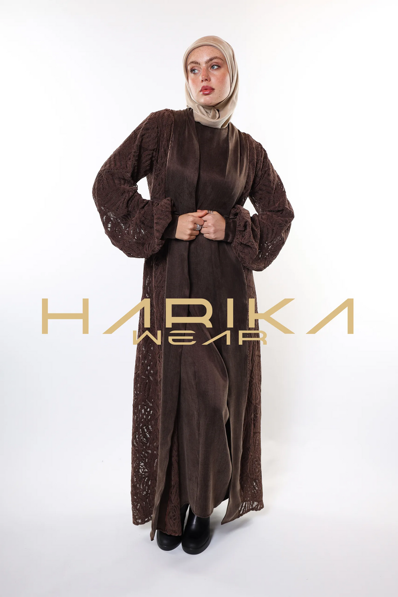 Nakişli kadifeden yapılmış ve kupra ipeğiyle süslenmiş kahverengi ferace