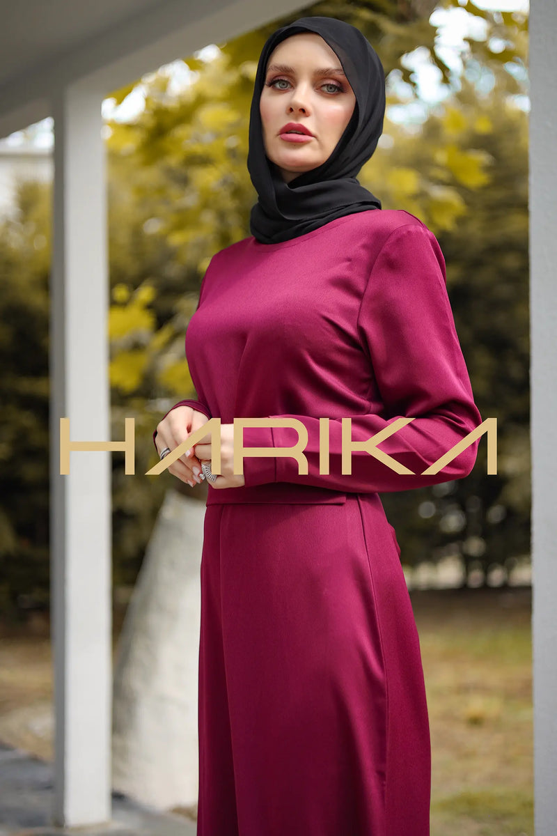 Kemerli fuşya Ipek krep elbise - "Pratik şıklık"