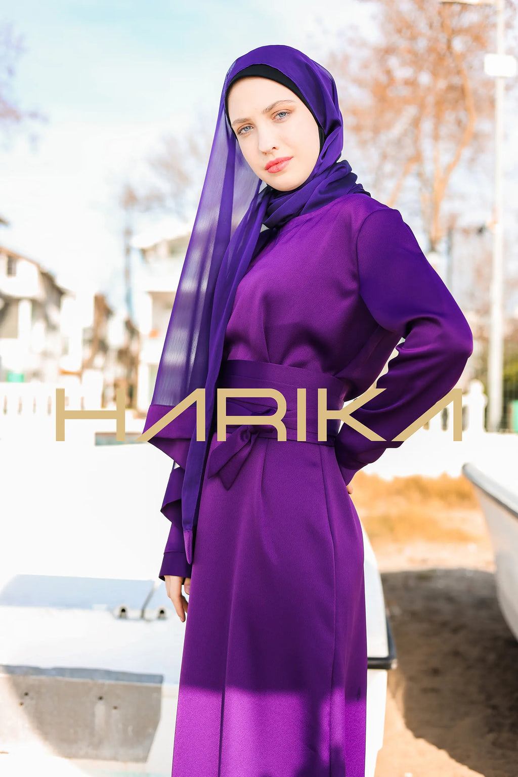 Kemerli Mor ipek krep elbise - "Pratik şıklık"