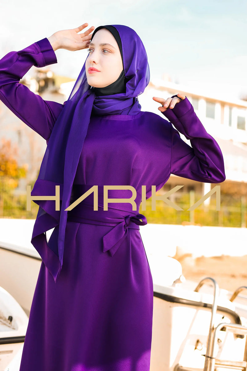 Kemerli Mor ipek krep elbise - "Pratik şıklık"