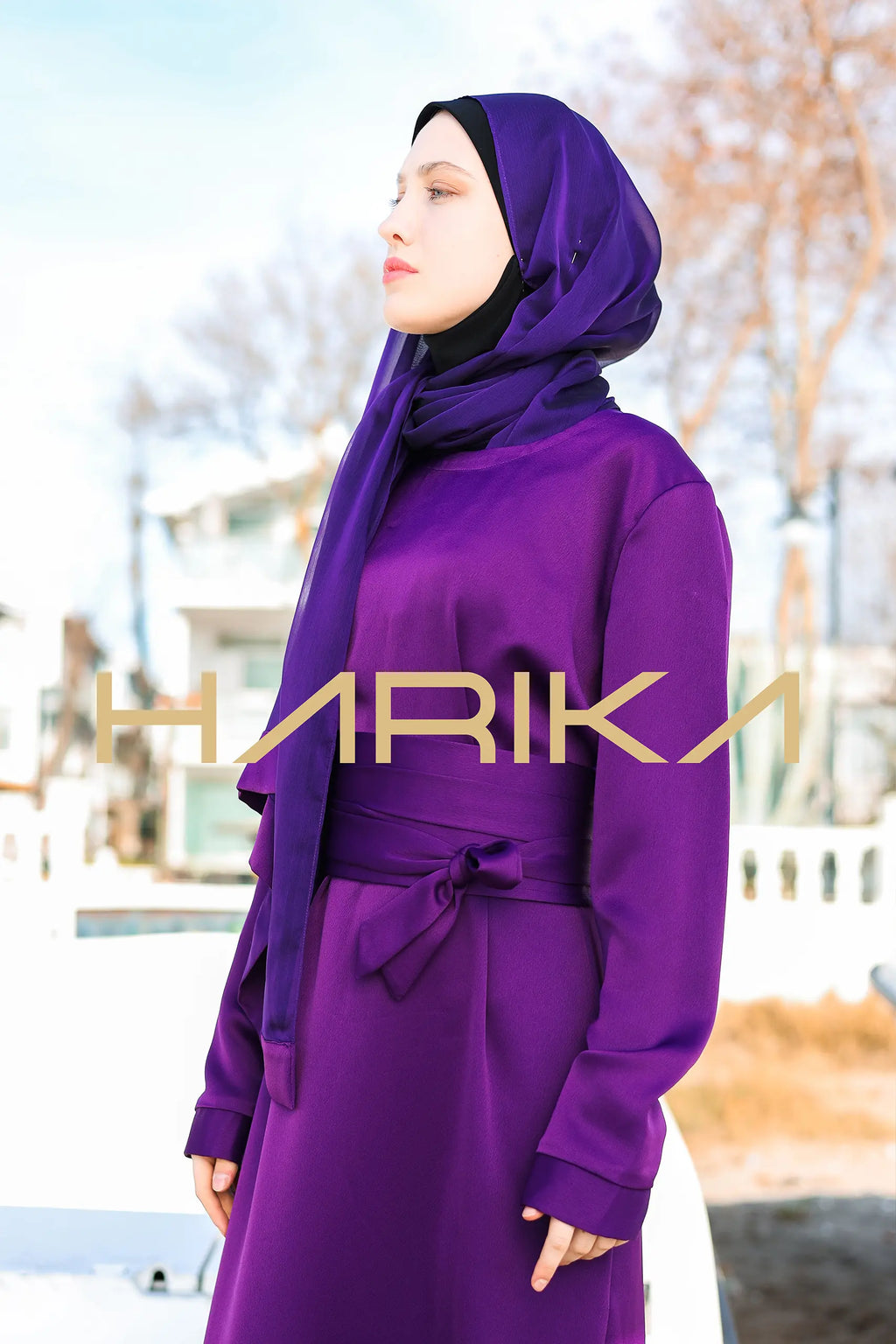 Kemerli Mor ipek krep elbise - "Pratik şıklık"