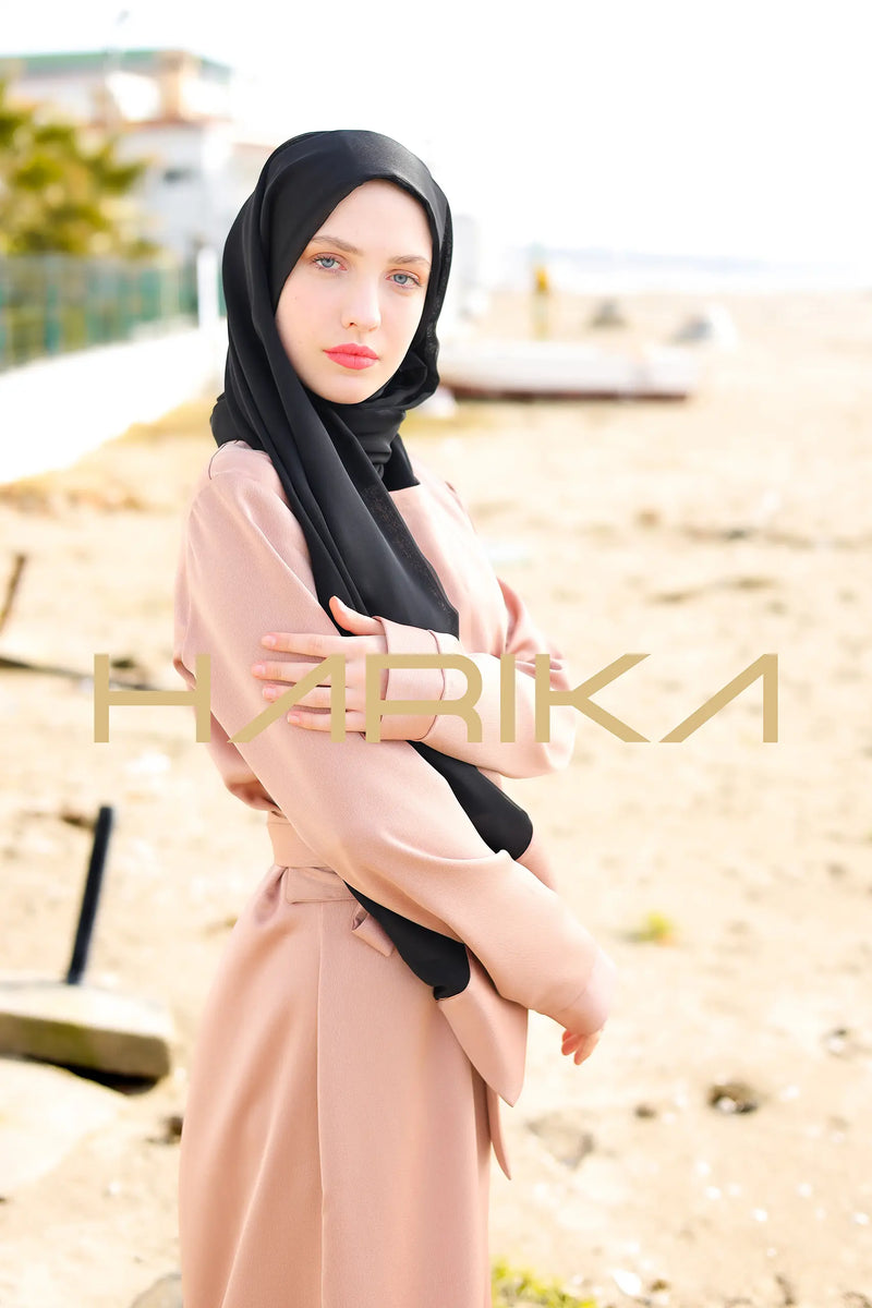 Kemerli Ton rengi ipek krep elbise - "Pratik şıklık"