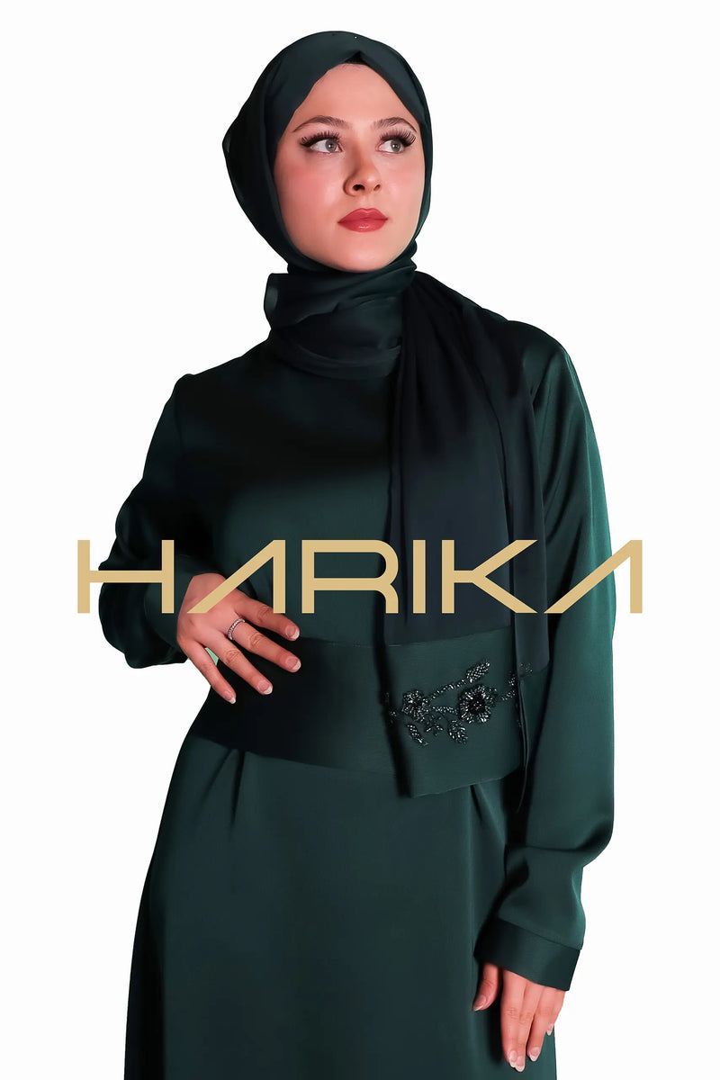 Kemerli Yeşil ipek krep elbise - "Pratik şıklık"