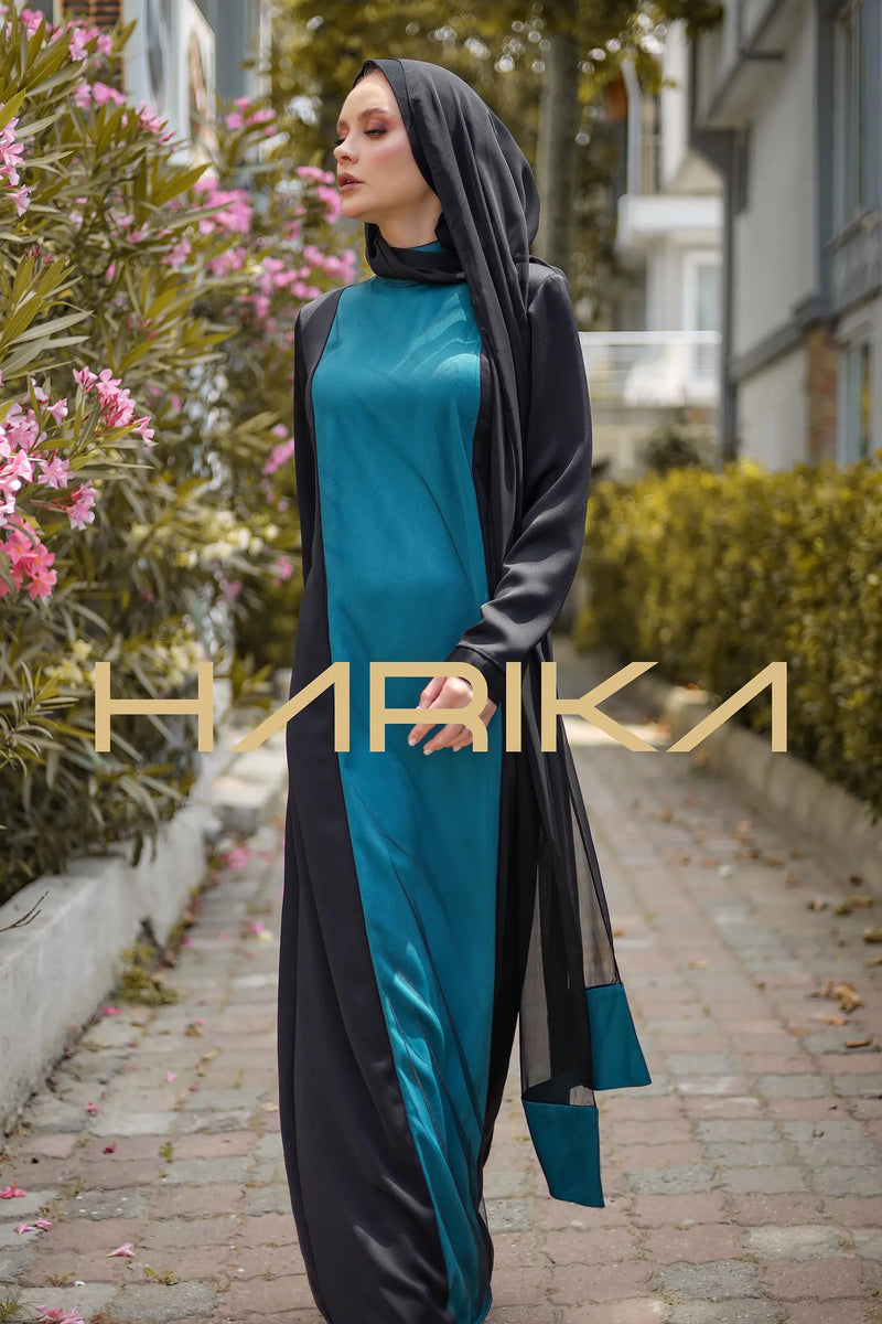 Turkuaz ve Siyah ipek Krep Elbise