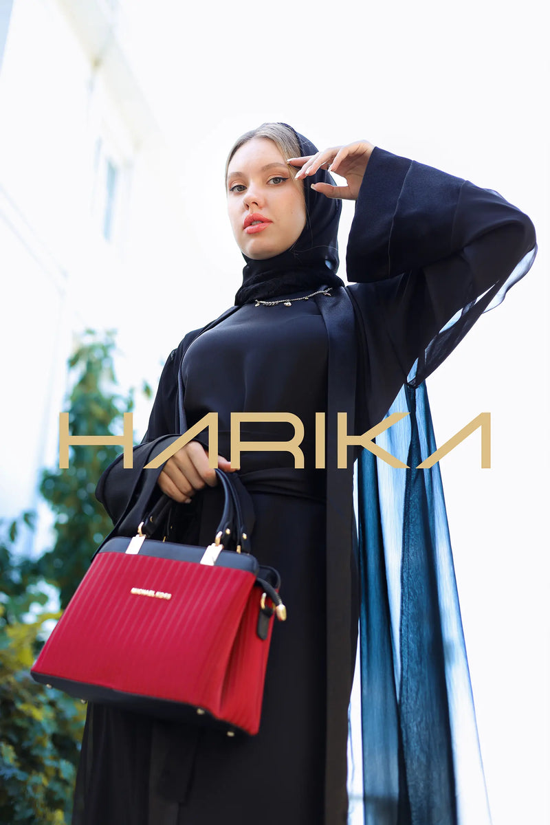 Saten kollu siyah şifon abaya