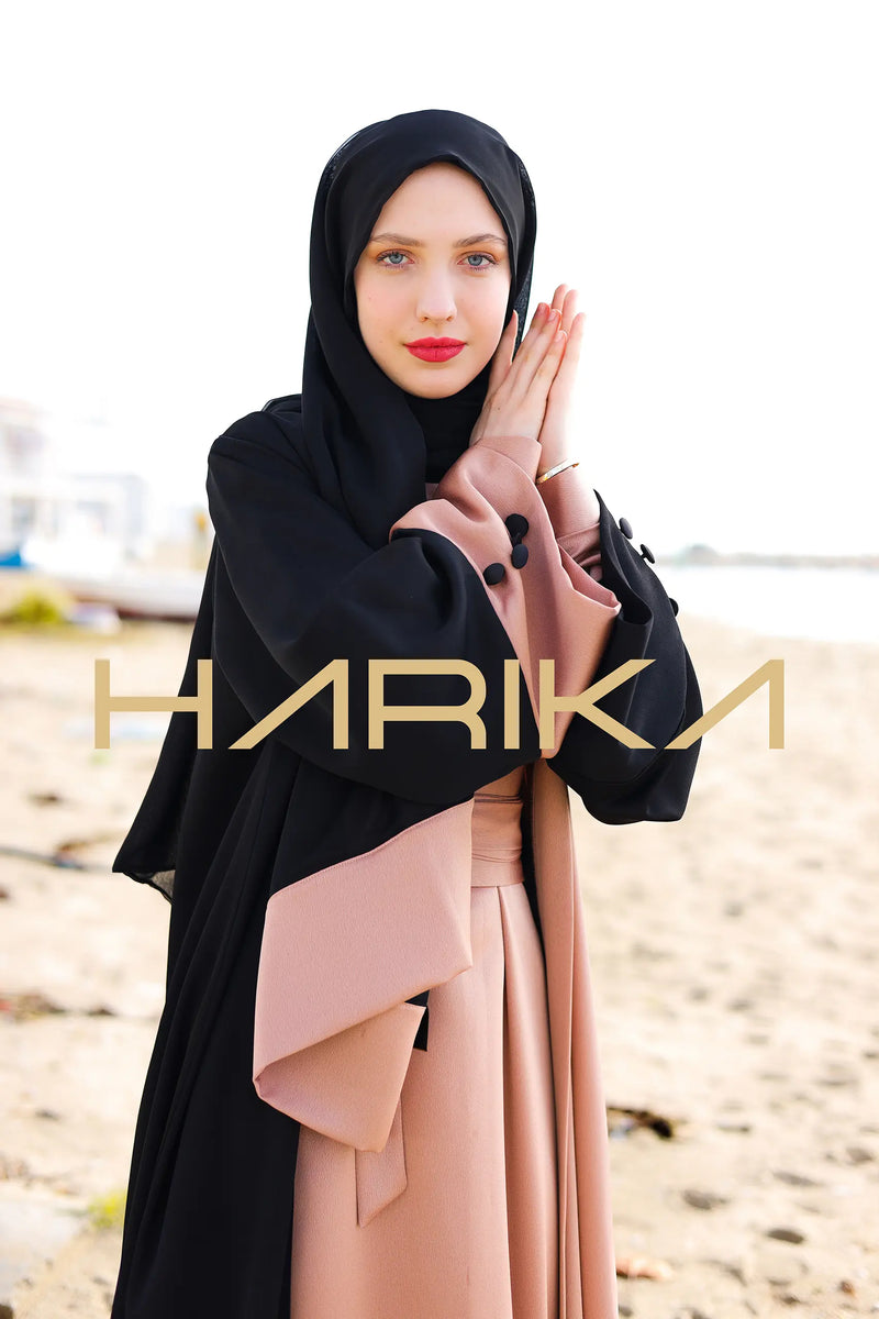 Siyah ve ton iki renkli ipek Krep Ferace