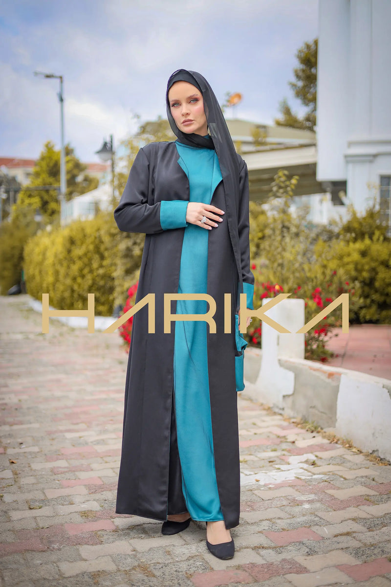 Turkuaz Ve Siyah Ipek Krep Ferace (ELBİSE DAHİL DEĞİL)