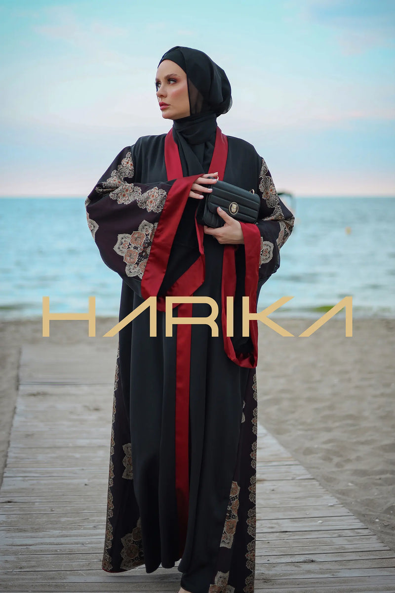 ipek krep ve kırmızı saten detaylı Japon tarzı ferace