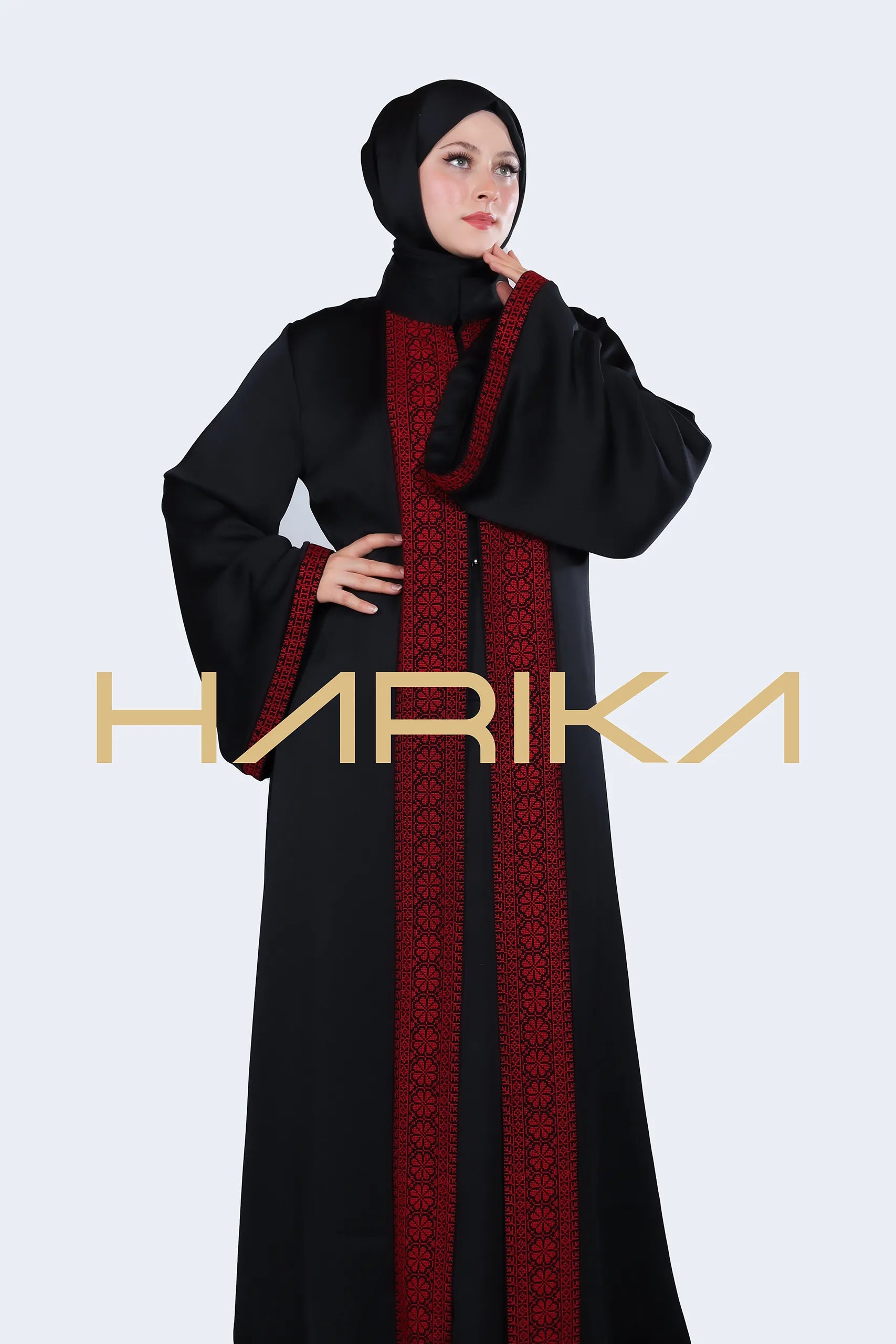 Filistin tarzında Siyah ipek abaya