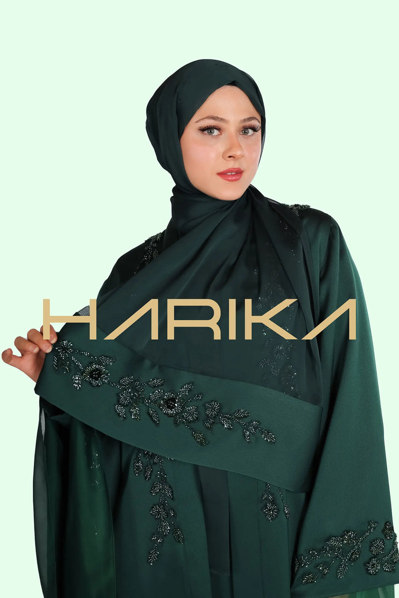 el işlemli kristal detaylı Yeşil şifon şal