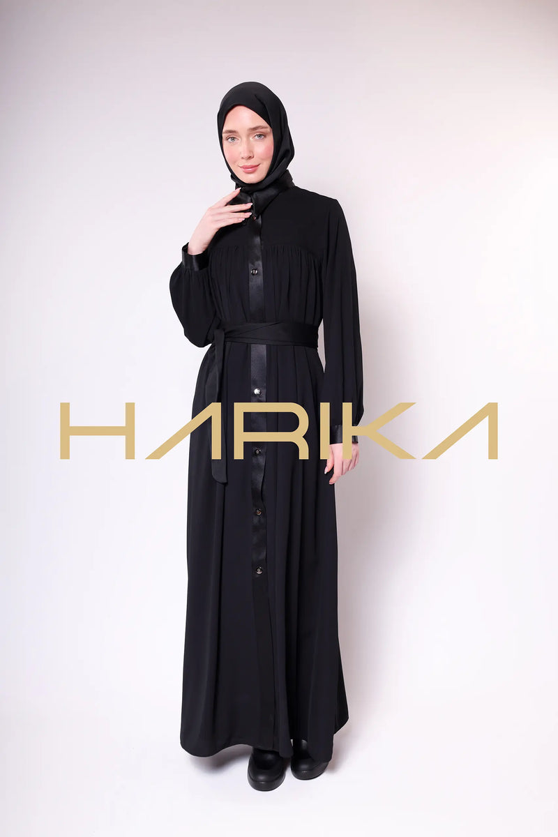 Satin Striped Detailed Buttoned Long Black Abaya - Stylish and Elegant Design