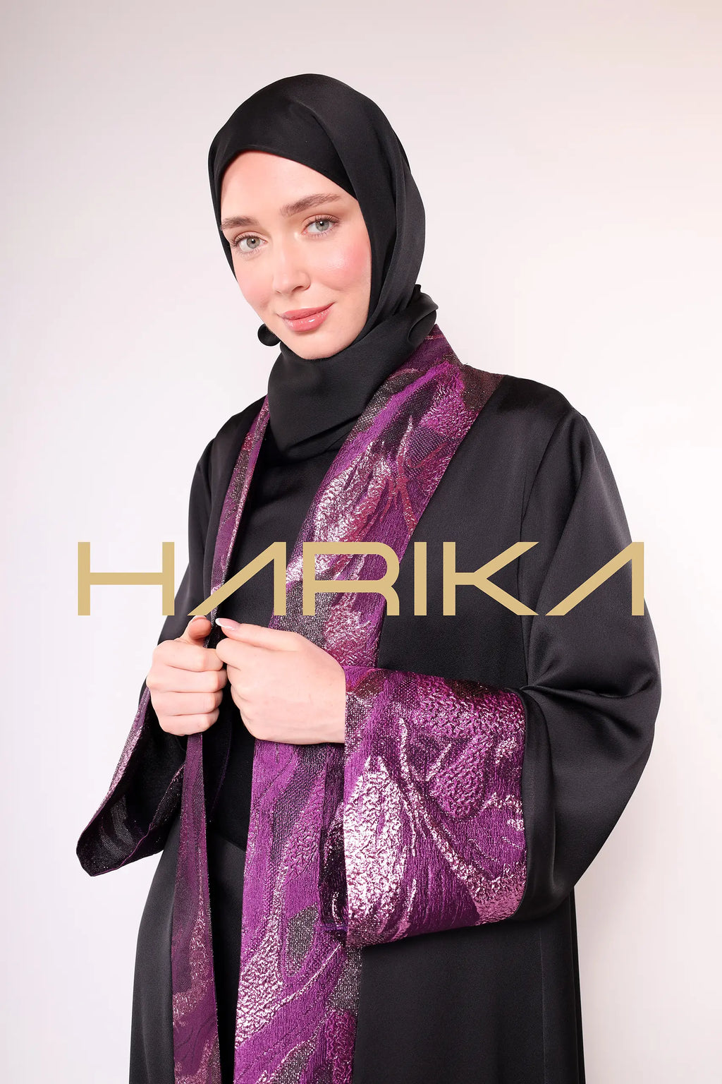 Black Abaya with Purple Brocade Details 