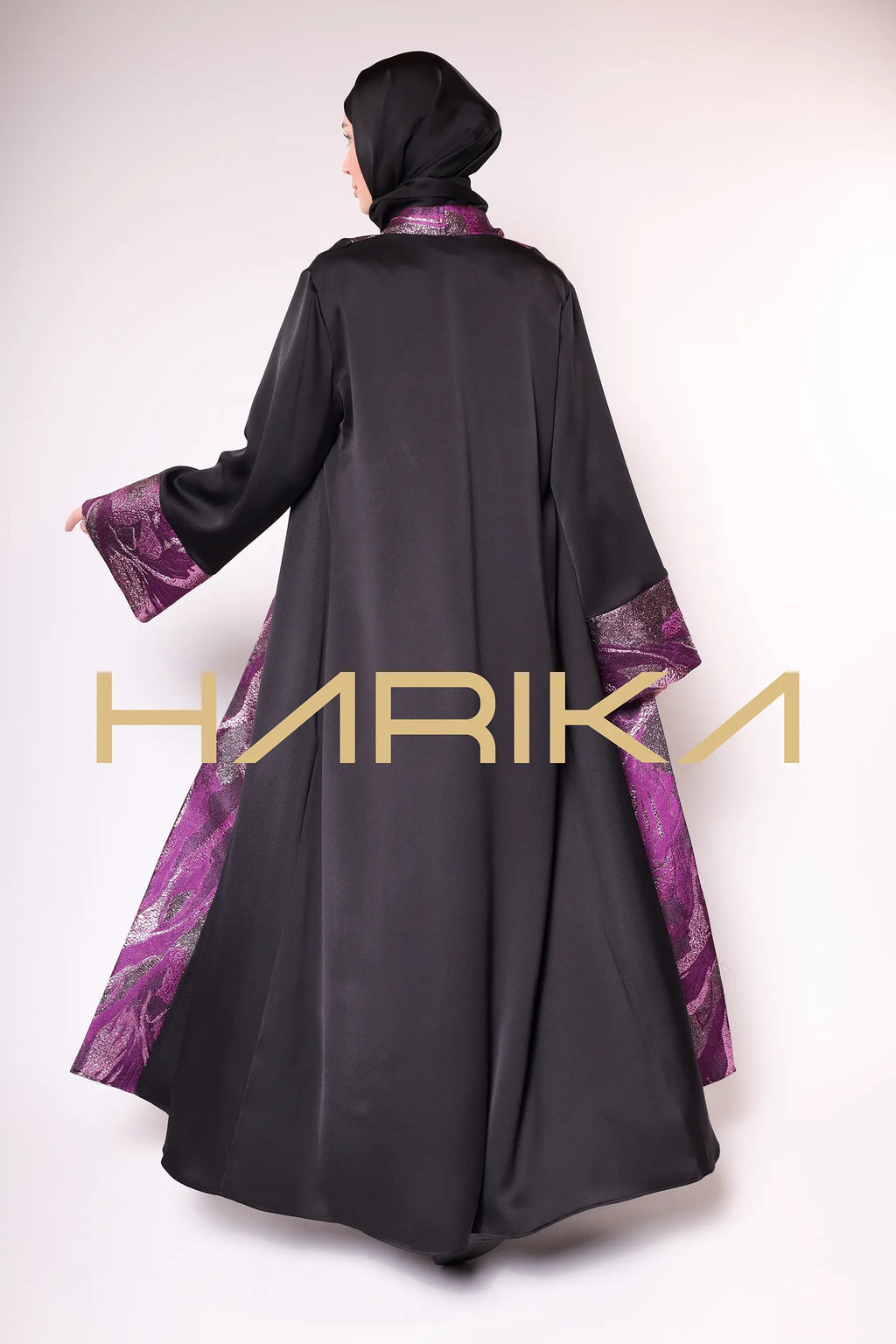 Black Abaya with Purple Brocade Details 