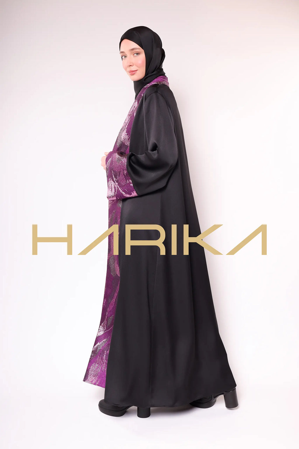 Black Abaya with Purple Brocade Details 