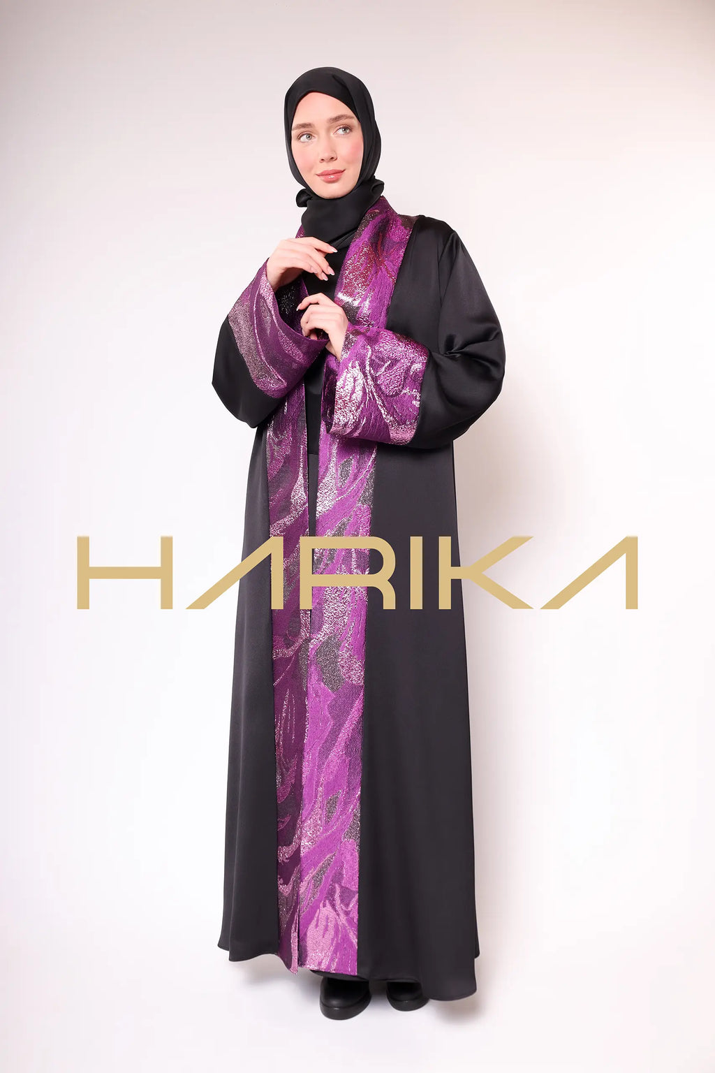Black Abaya with Purple Brocade Details 