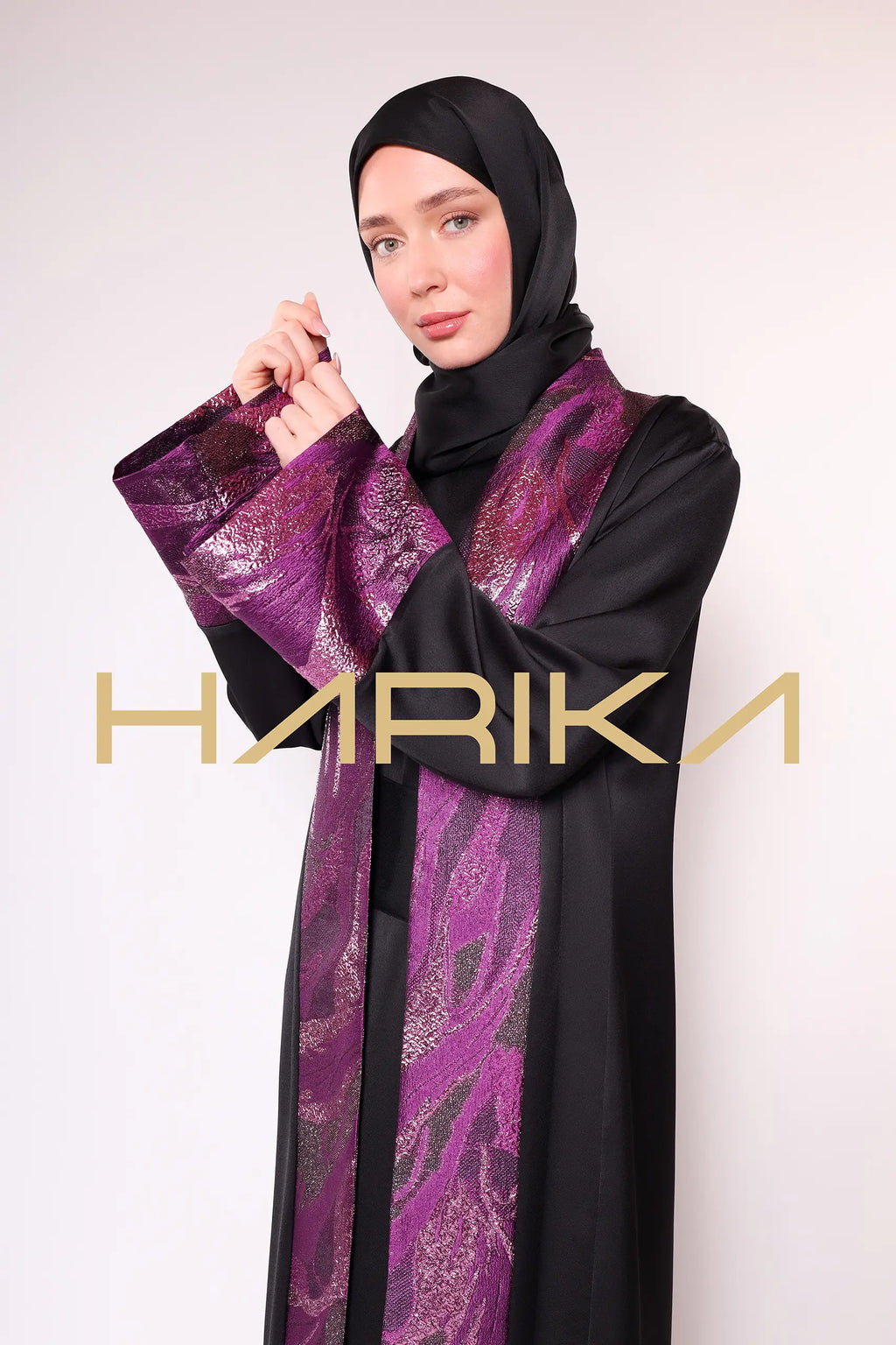 Black Abaya with Purple Brocade Details 