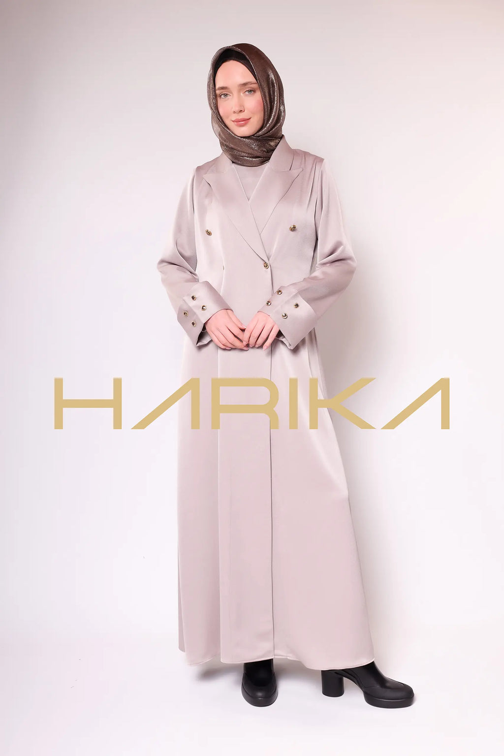 Beige Jacket Style Abaya with Button Detail 