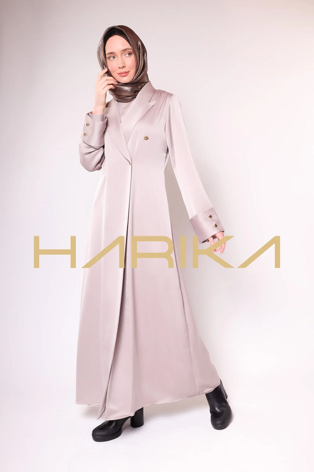 Beige Jacket Style Abaya with Button Detail 