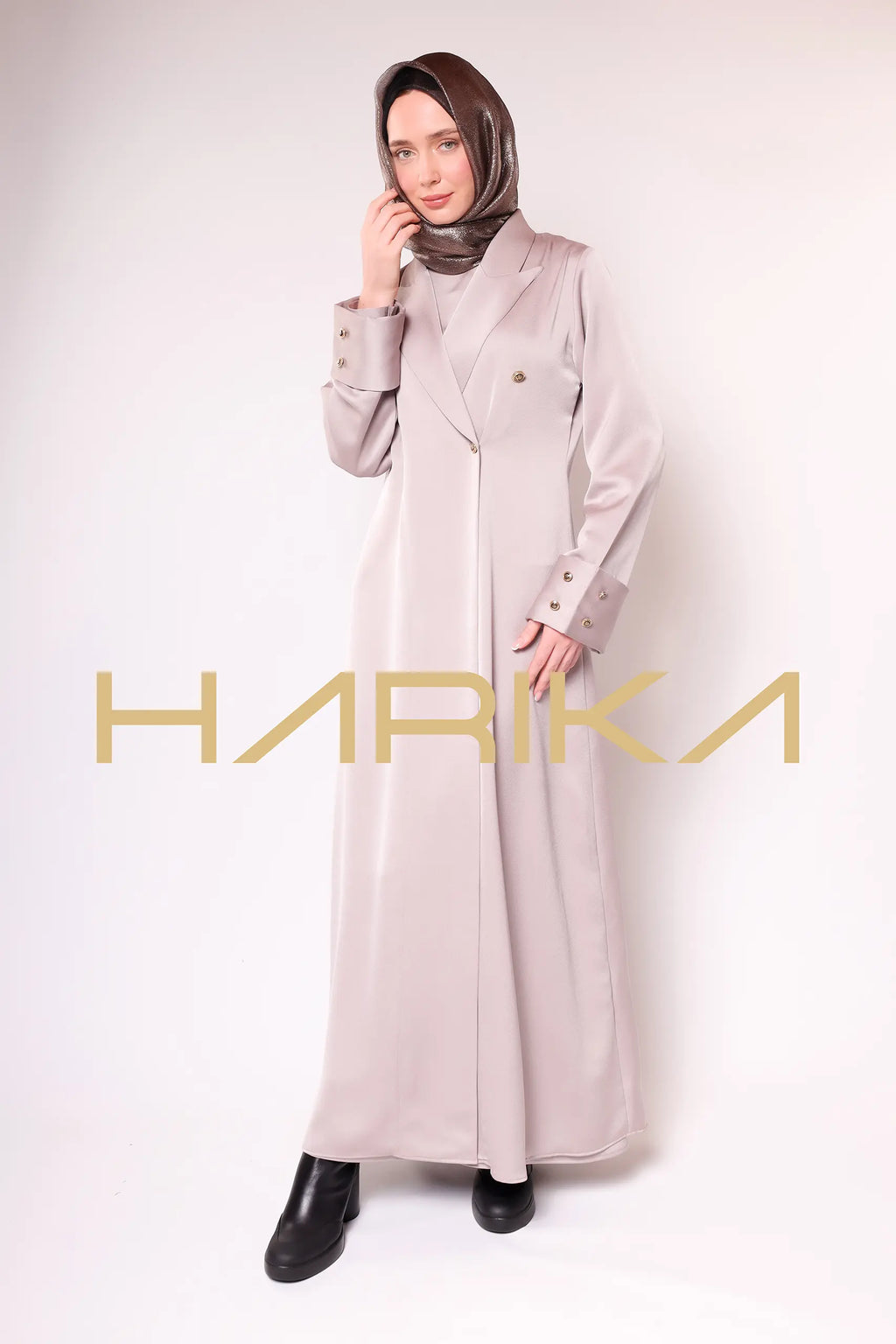 Beige Jacket Style Abaya with Button Detail 