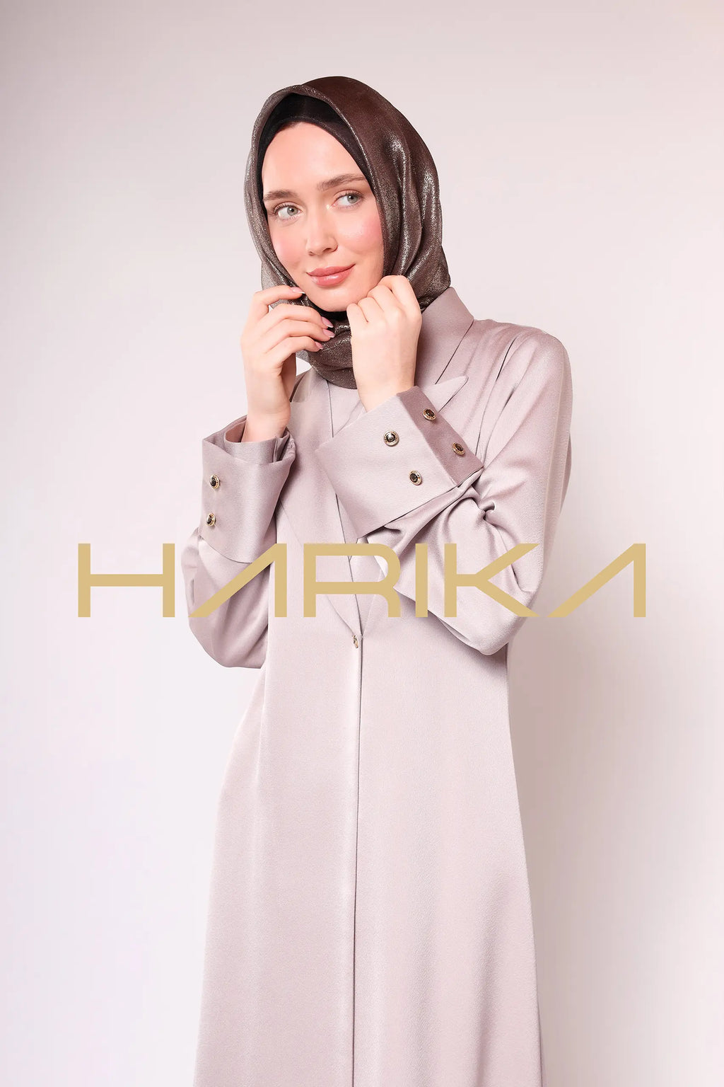 Beige Jacket Style Abaya with Button Detail 