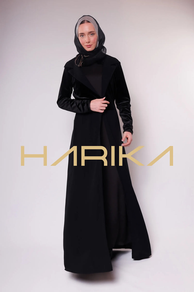 Kadife Detaylı Siyah Uzun ferace