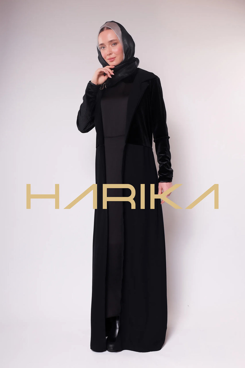 Long Black Abaya with Velvet Details