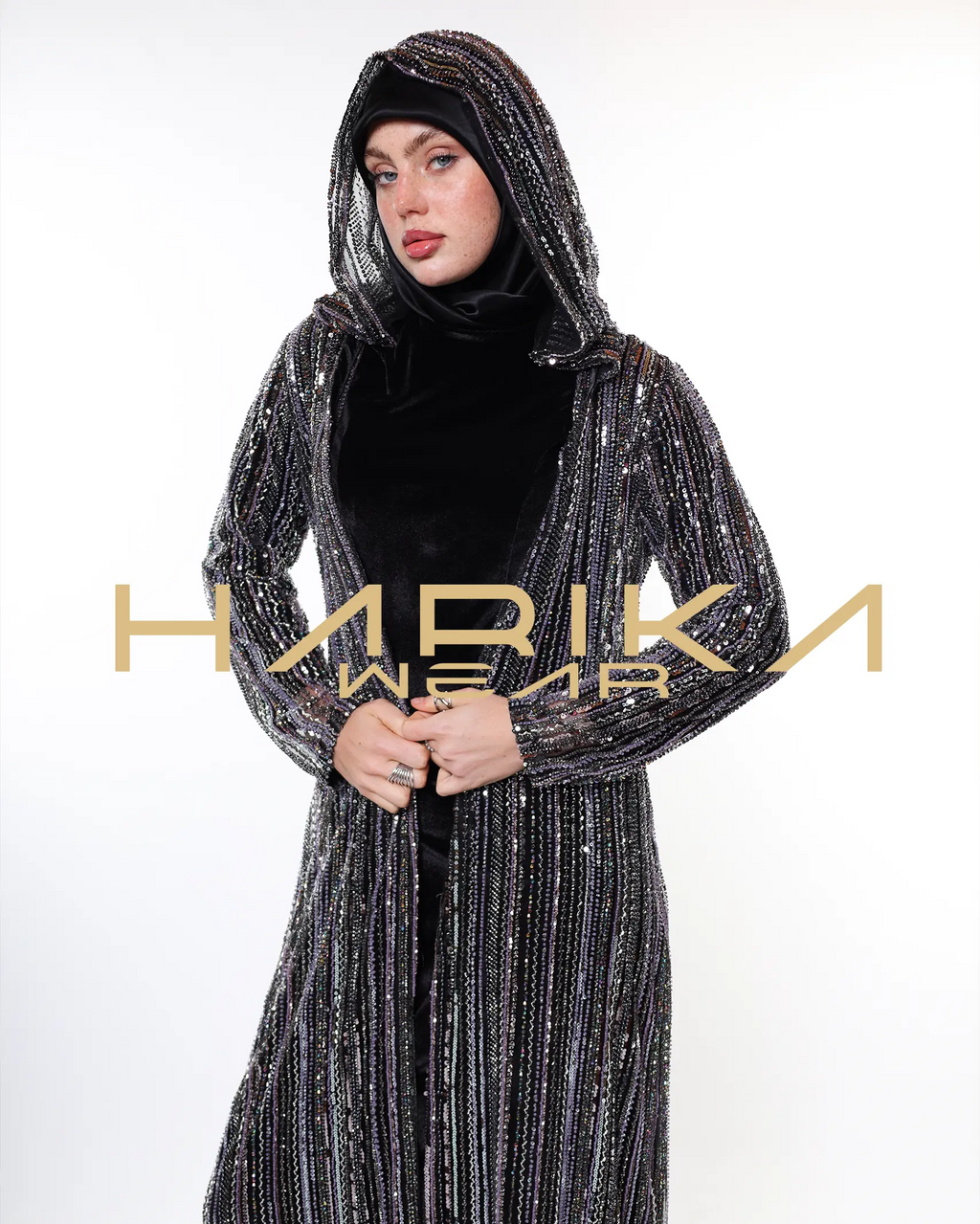 Black tulle abaya hand-embellished with crystals