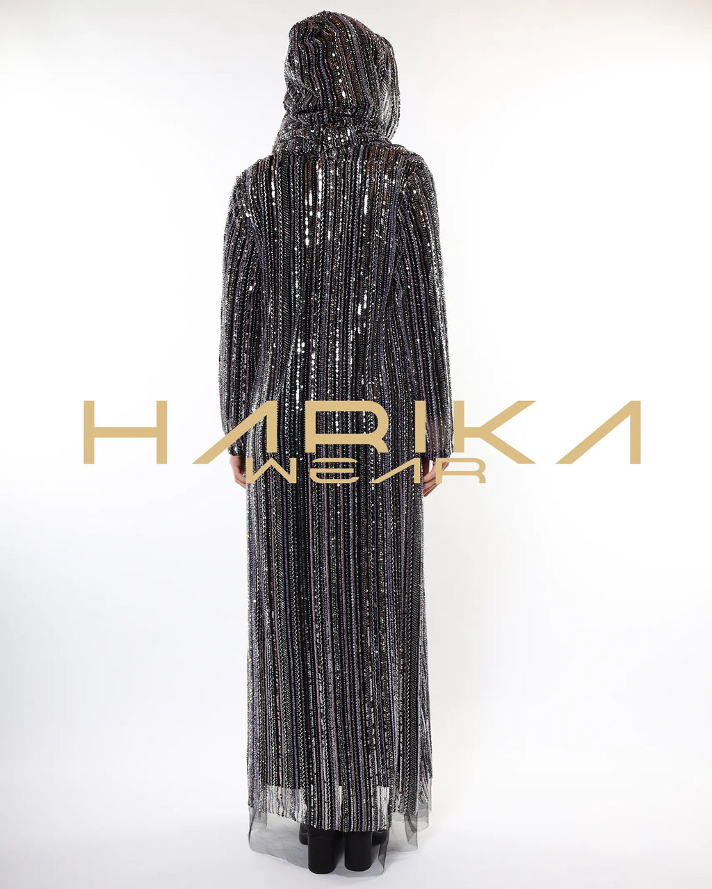 Black tulle abaya hand-embellished with crystals