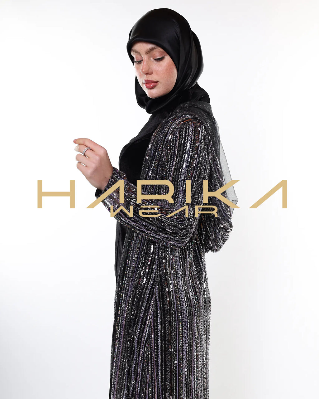 Black tulle abaya hand-embellished with crystals