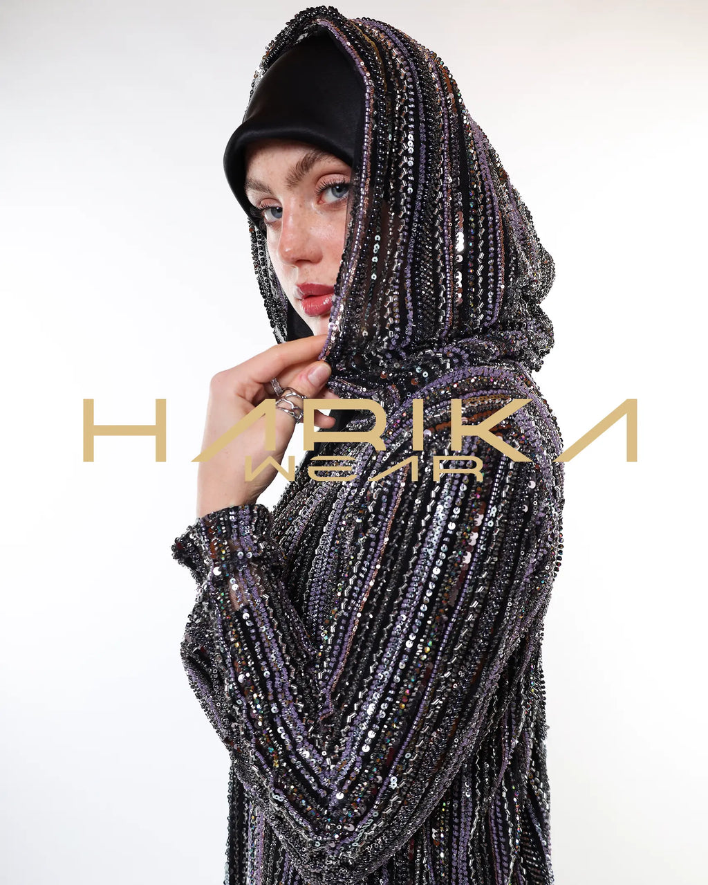 Black tulle abaya hand-embellished with crystals