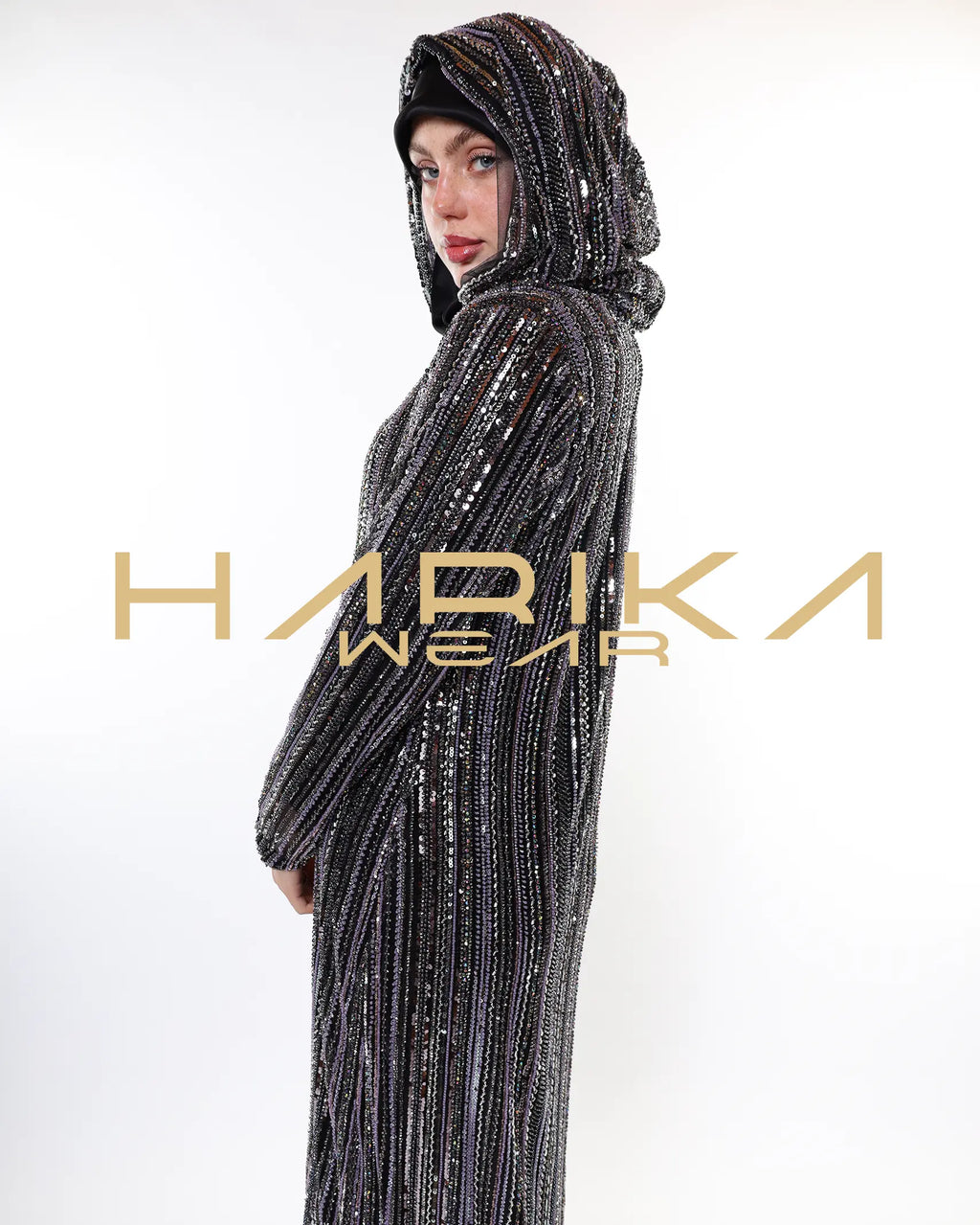 Black tulle abaya hand-embellished with crystals