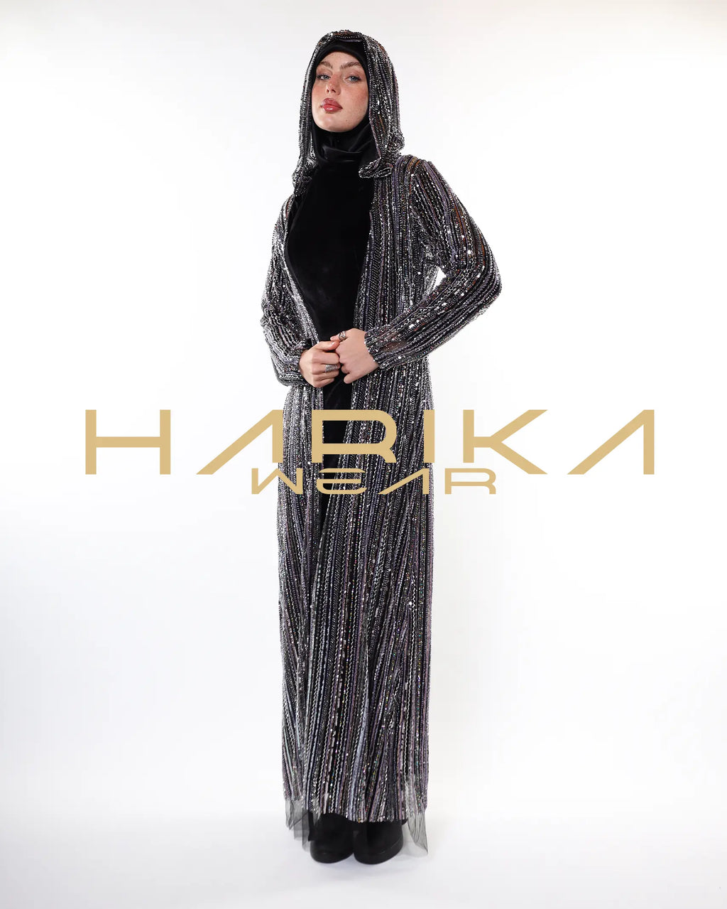 Black tulle abaya hand-embellished with crystals