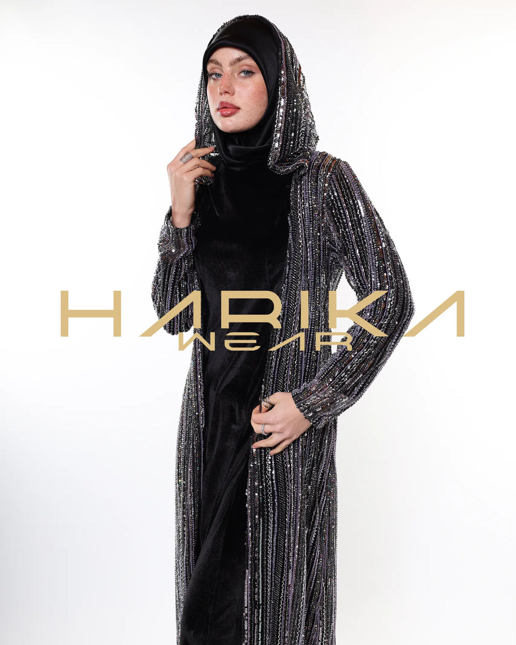 Black tulle abaya hand-embellished with crystals