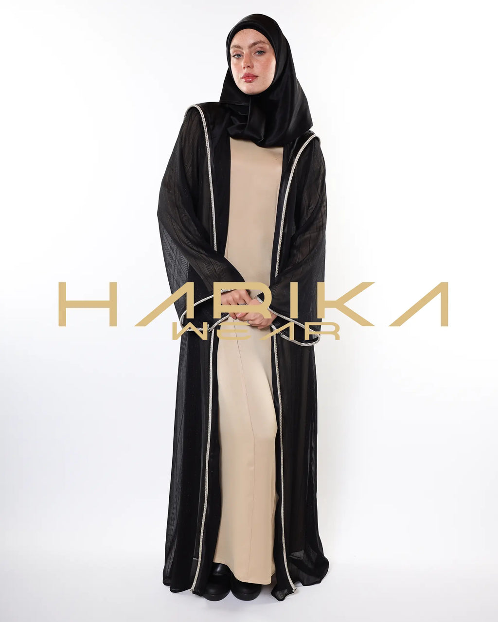 Kapüşonlu Çizgili Işıltılı Şifon Abaya