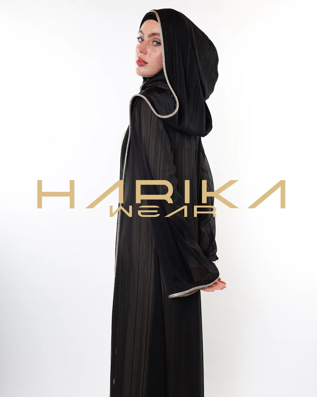 Kapüşonlu Çizgili Işıltılı Şifon Abaya