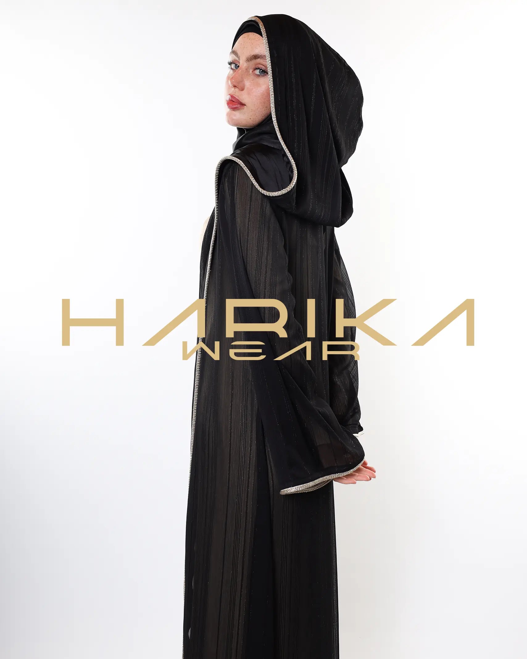 Kapüşonlu Çizgili Işıltılı Şifon Abaya