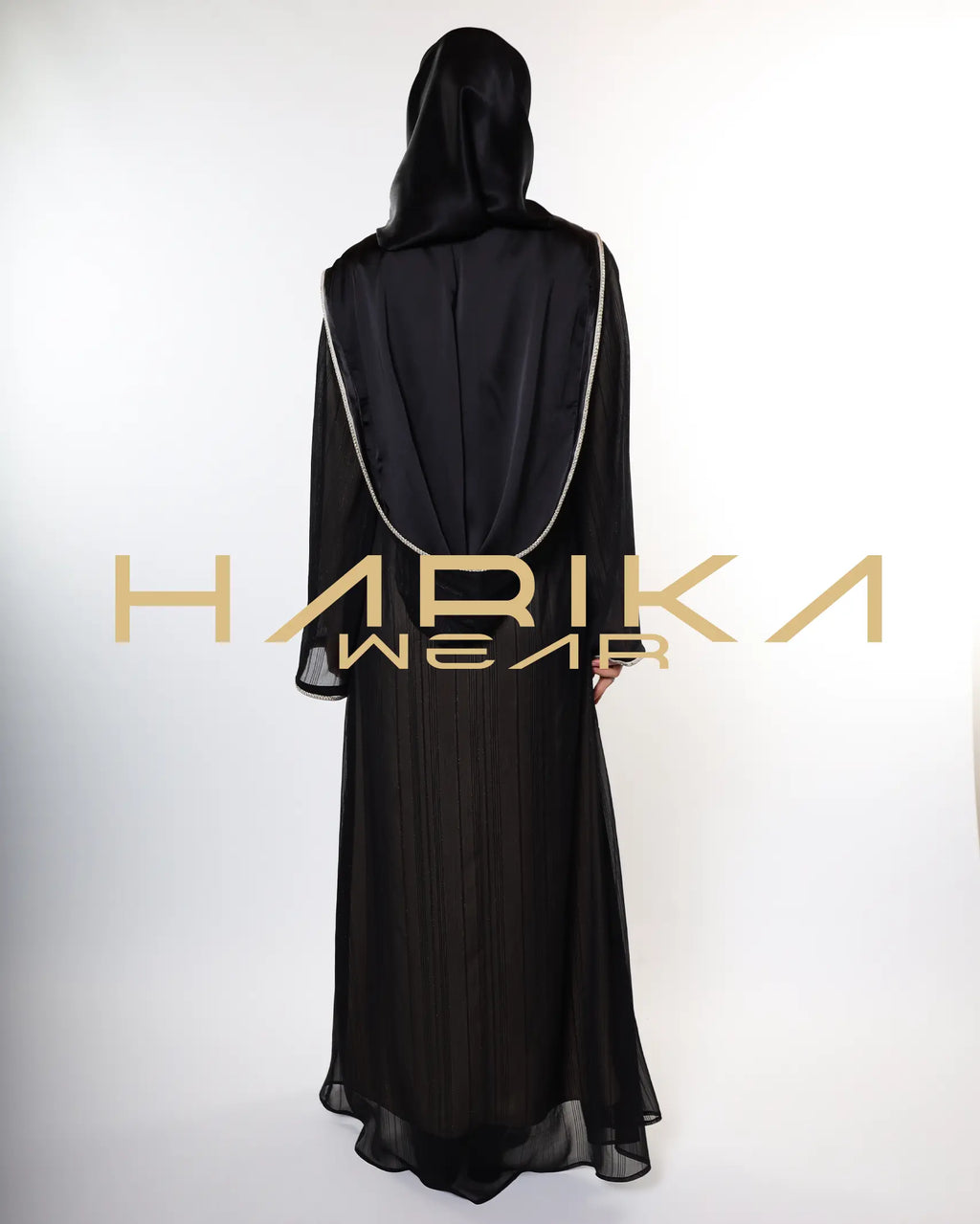 Kapüşonlu Çizgili Işıltılı Şifon Abaya