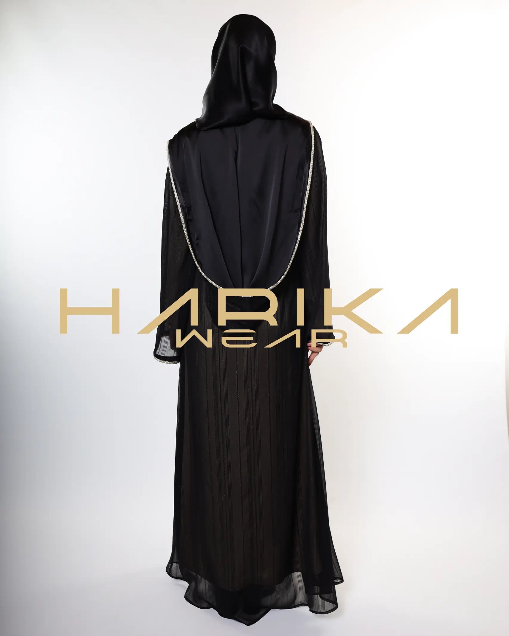 Kapüşonlu Çizgili Işıltılı Şifon Abaya