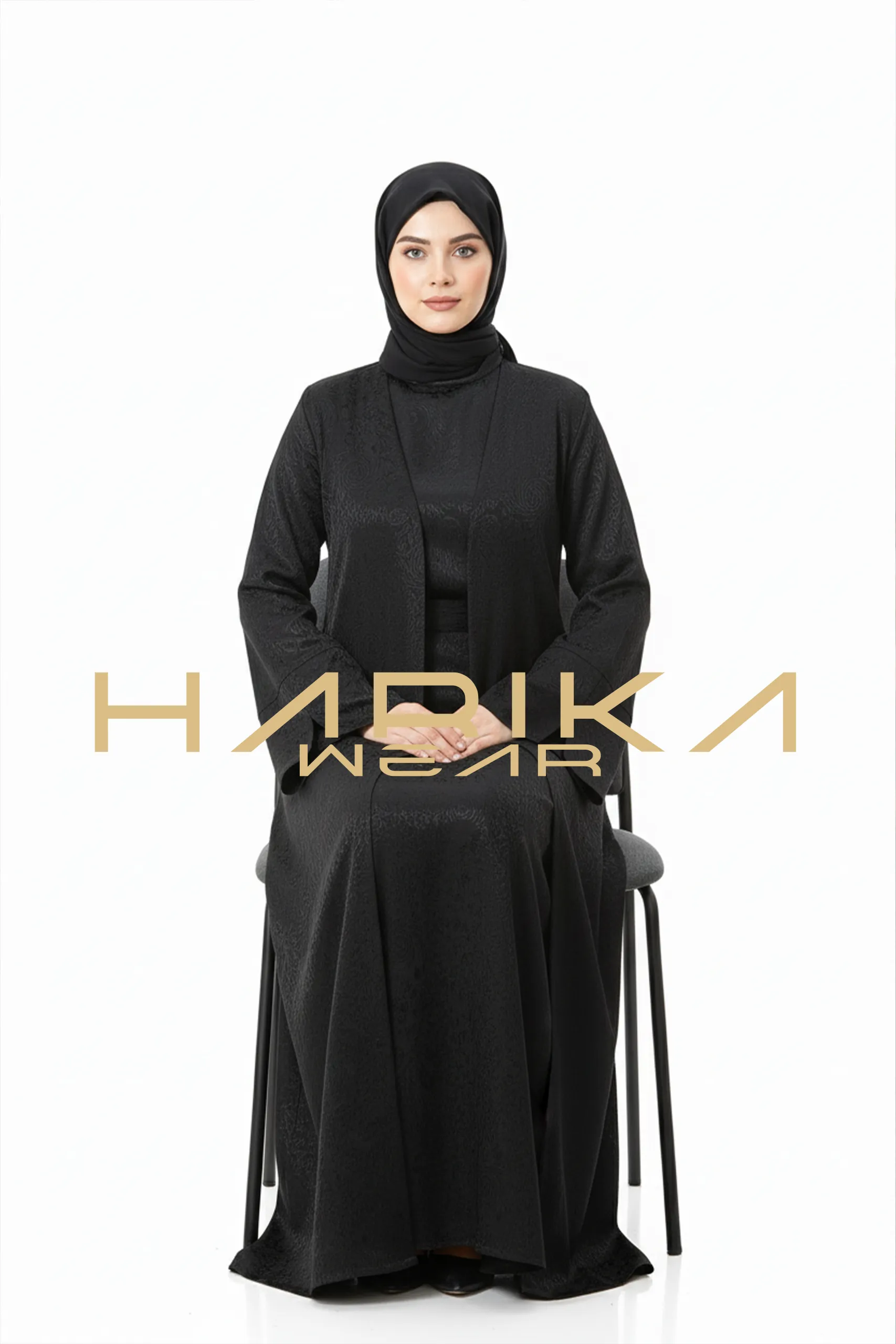 Japon İpeği Desenli Siyah Abaya – Lüks ve Zamansız Zarafet