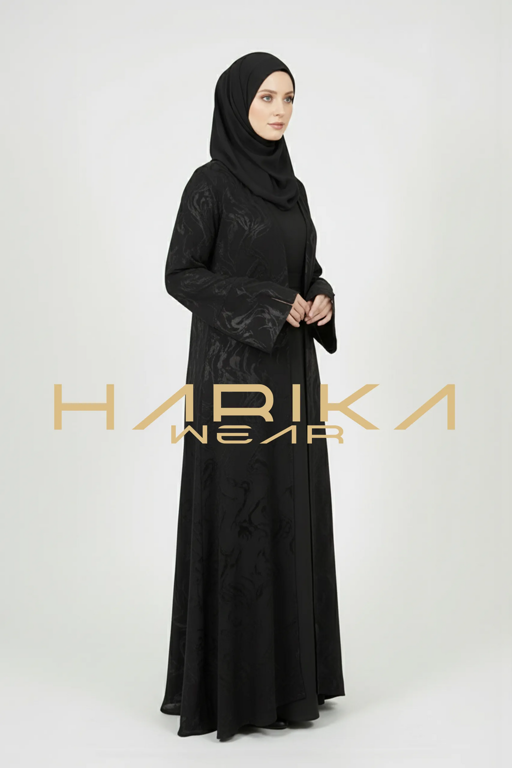 Japon İpeği Desenli Siyah Abaya – Lüks ve Zamansız Zarafet