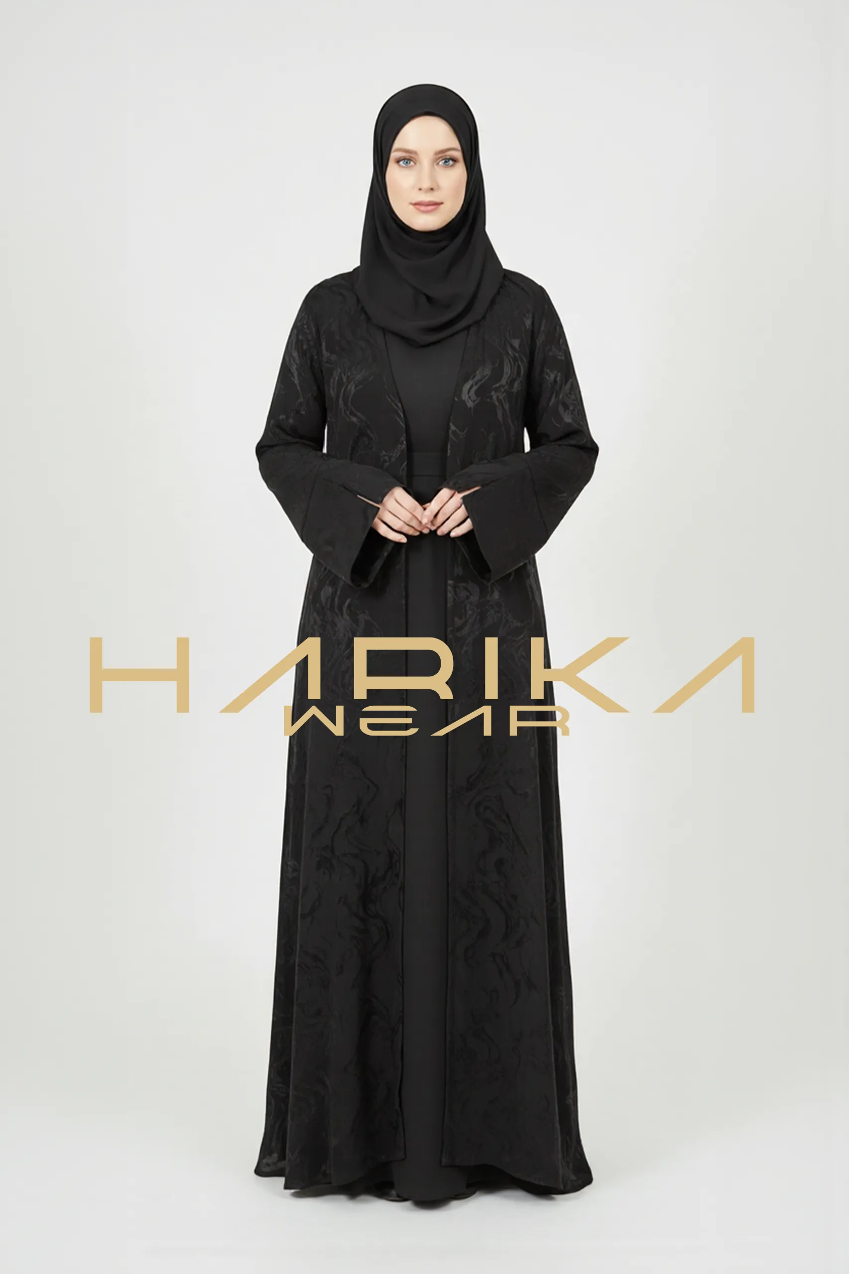 Japon İpeği Desenli Siyah Abaya – Lüks ve Zamansız Zarafet