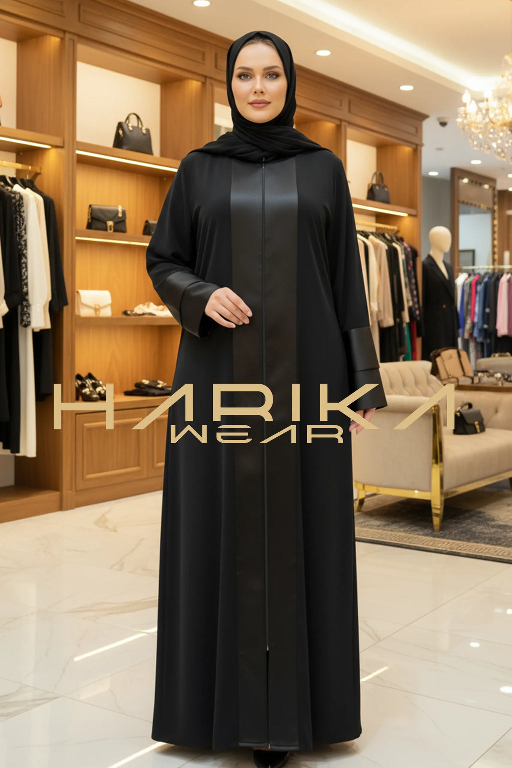 Zarafet Siyah Saten Detaylı Abaya