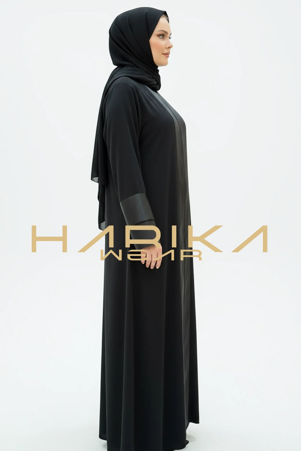 Zarafet Siyah Saten Detaylı Abaya