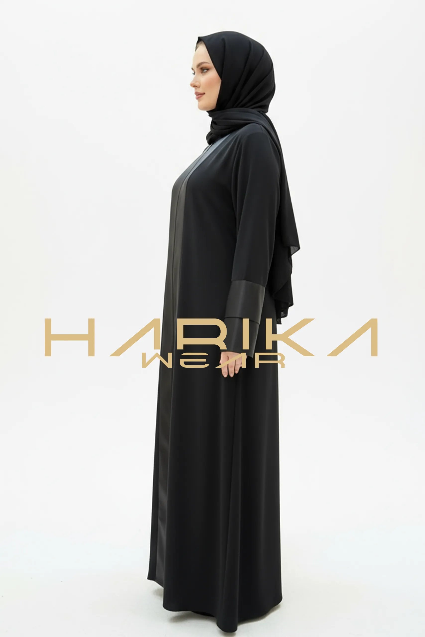 Zarafet Siyah Saten Detaylı Abaya