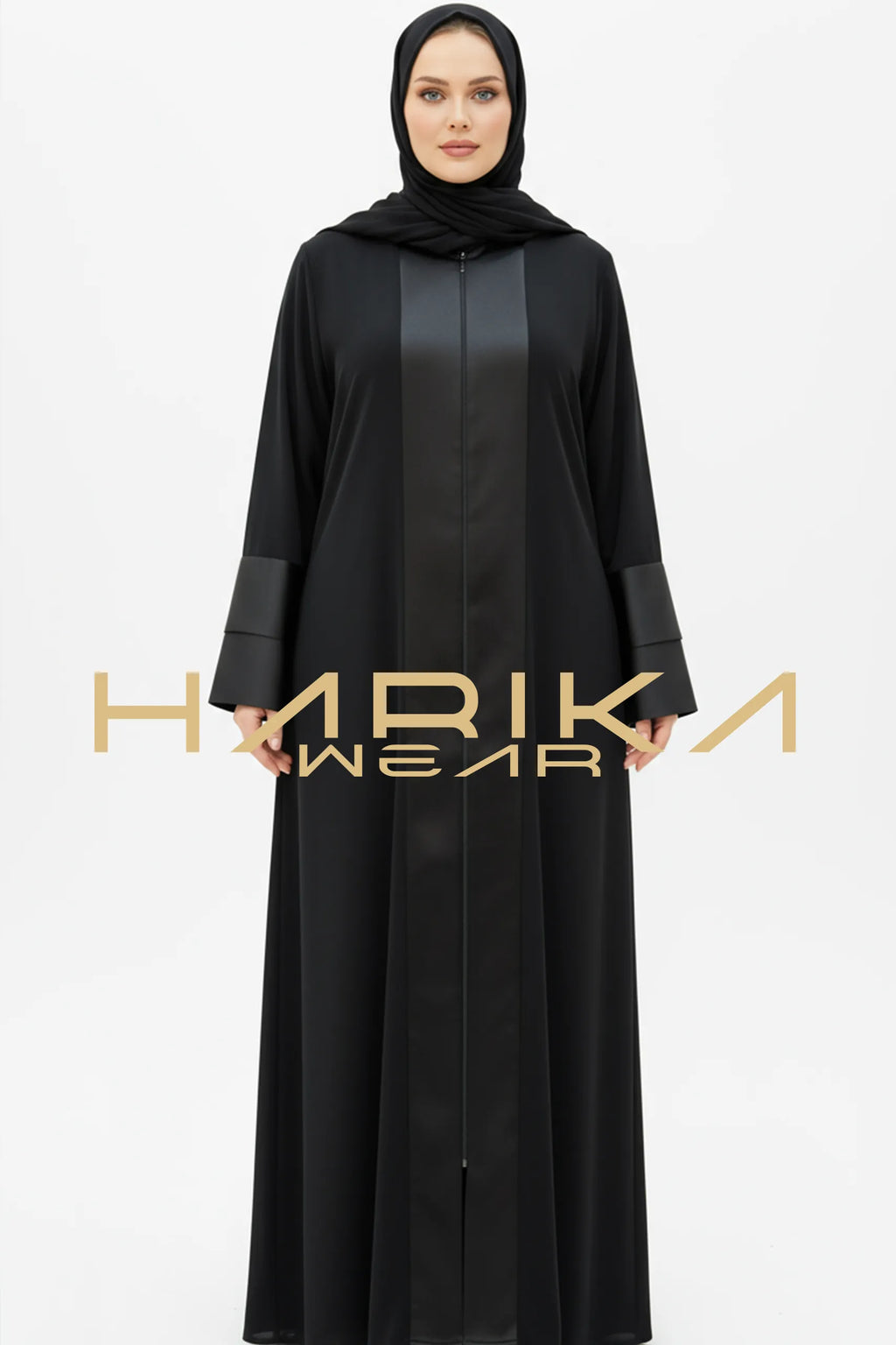 Zarafet Siyah Saten Detaylı Abaya