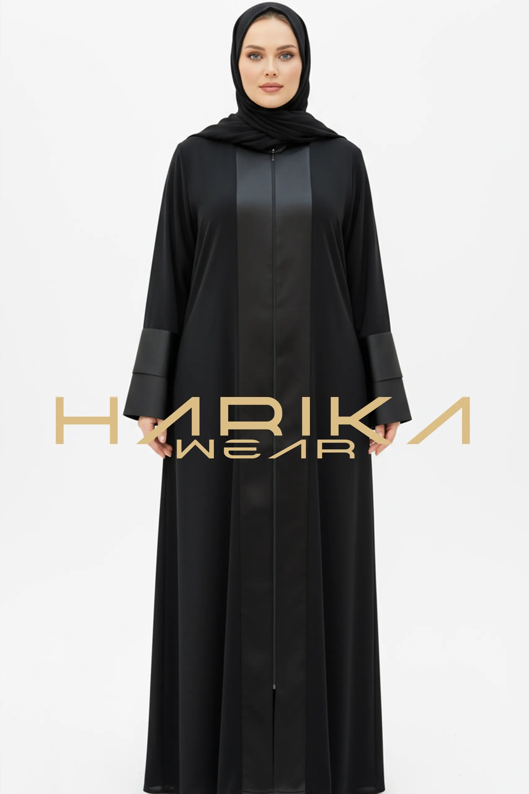 Zarafet Siyah Saten Detaylı Abaya