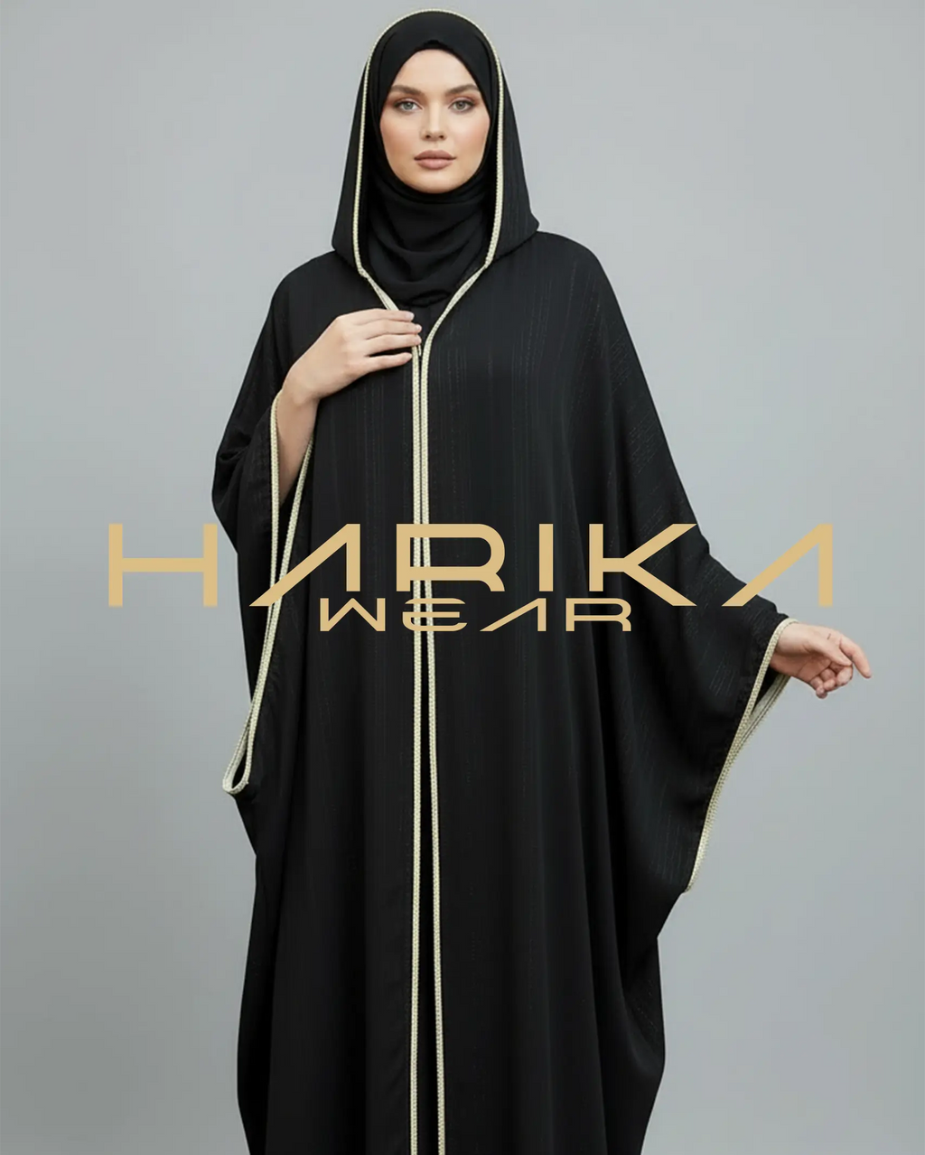 Altın Çizgili Şifon Kapüşonlu Arap Bişt Abaya